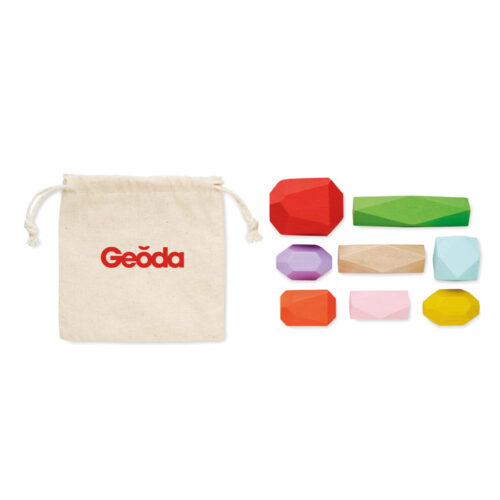 Juego de equilibrio de madera PISA con bloques irregulares y bolsa de algodón natural