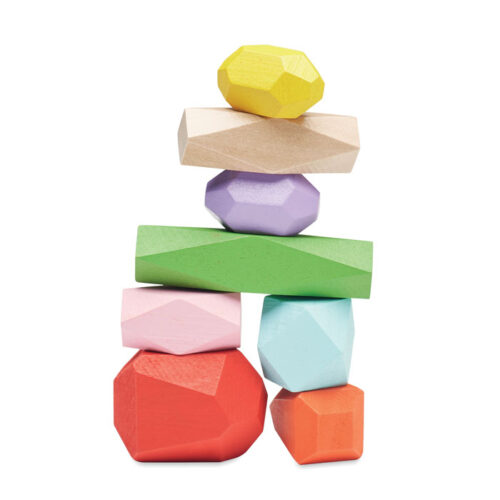 Juego de equilibrio de madera PISA con bloques irregulares y bolsa de algodón natural