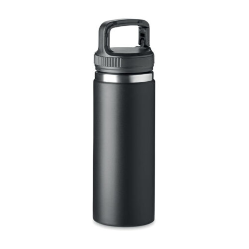 Botella térmica CLEO de acero inoxidable con asa integrada en la tapa y diseño moderno, ideal para hidratación ecológica y corporativa