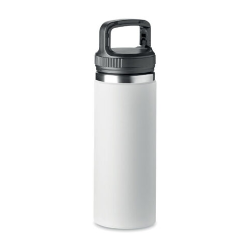 Botella térmica CLEO de acero inoxidable con asa integrada en la tapa y diseño moderno, ideal para hidratación ecológica y corporativa