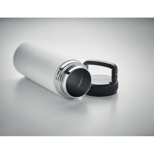 Botella térmica CLEO de acero inoxidable con asa integrada en la tapa y diseño moderno, ideal para hidratación ecológica y corporativa