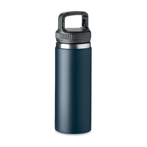 Botella térmica CLEO de acero inoxidable con asa integrada en la tapa y diseño moderno, ideal para hidratación ecológica y corporativa