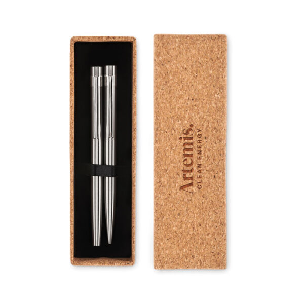Set GRAZ con bolígrafo y roller de acero reciclado en estuche de corcho natural para regalos ejecutivos sostenibles
