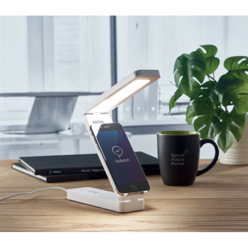 Lámpara blanca plegable con luz LED y base con cargador inalámbrico para smartphone