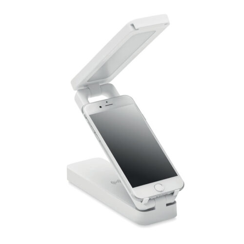 Lámpara blanca plegable con luz LED y base con cargador inalámbrico para smartphone