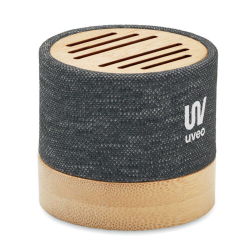Bocina Bluetooth ecológica BOOL con carcasa RPET y detalle en bambú natural