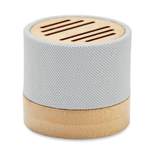 Bocina Bluetooth ecológica BOOL con carcasa RPET y detalle en bambú natural