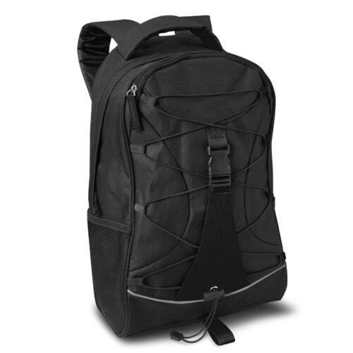Mochila promocional negra Monte Lema con bolsillos de malla y cuerda frontal decorativa