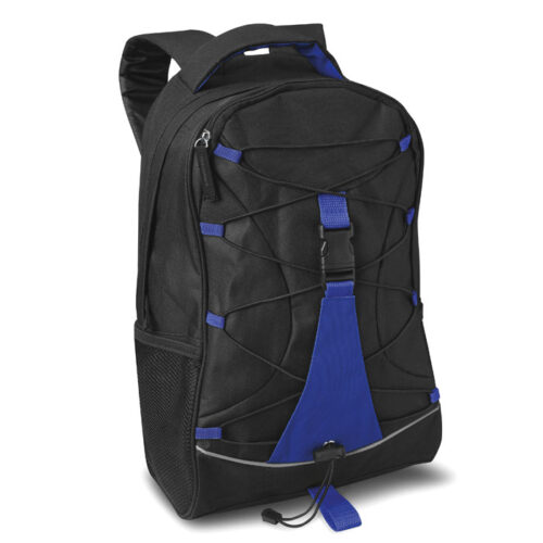 Mochila promocional negra Monte Lema con bolsillos de malla y cuerda frontal decorativa