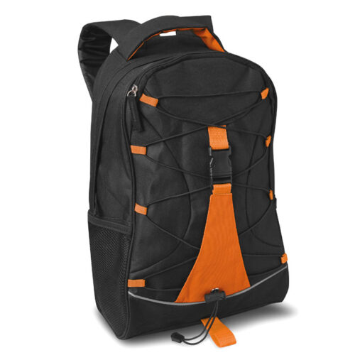 Mochila promocional negra Monte Lema con bolsillos de malla y cuerda frontal decorativa