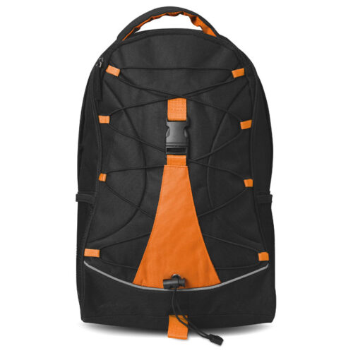 Mochila promocional negra Monte Lema con bolsillos de malla y cuerda frontal decorativa