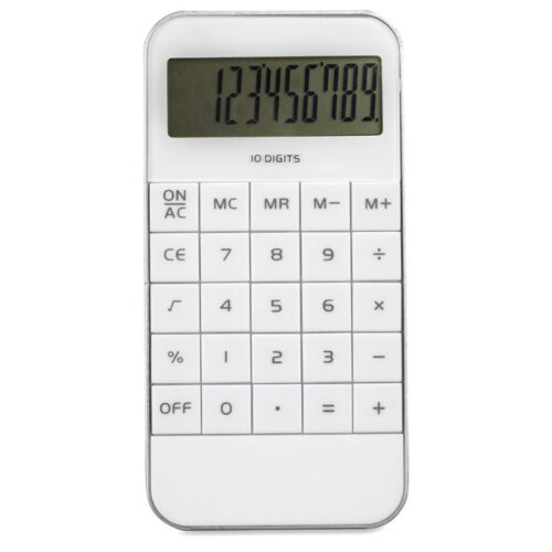 Calculadora compacta de 10 dígitos ZACK con cuerpo blanco, marco plateado y botones planos, ideal para escritorio o uso portátil