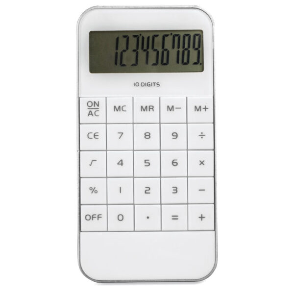 Calculadora compacta de 10 dígitos ZACK con cuerpo blanco, marco plateado y botones planos, ideal para escritorio o uso portátil