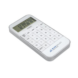 Calculadora compacta de 10 dígitos ZACK con cuerpo blanco, marco plateado y botones planos, ideal para escritorio o uso portátil