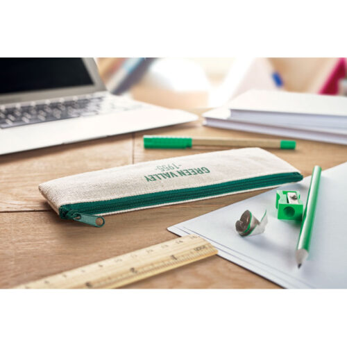 Set escolar ecológico TEKINA con estuche de yute y útiles sostenibles como lápiz, bolígrafo, regla, goma y sacapuntas