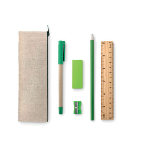 Set escolar ecológico TEKINA con estuche de yute y útiles sostenibles como lápiz, bolígrafo, regla, goma y sacapuntas