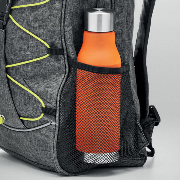 Mochila urbana promocional Glow Monte con cordón decorativo y bolsillos laterales de malla