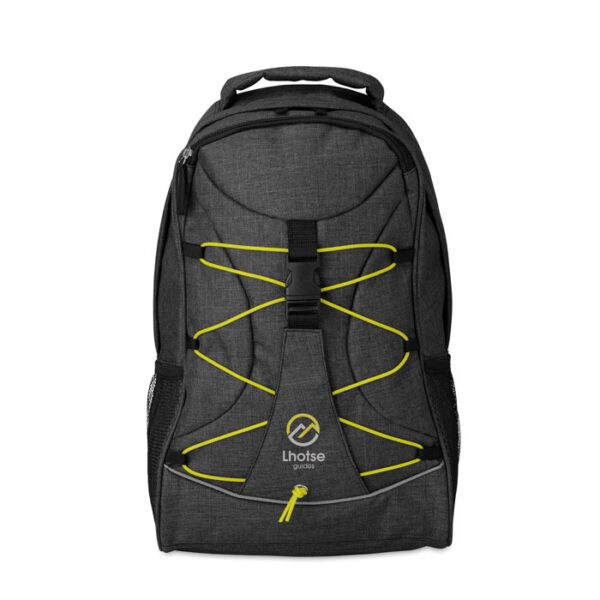 Mochila urbana promocional Glow Monte con cordón decorativo y bolsillos laterales de malla