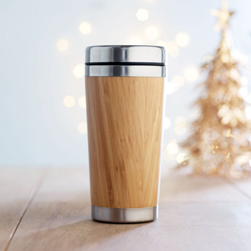 Vaso térmico de bambú RODEODRIVE+ con cuerpo de acero y tapa antifugas