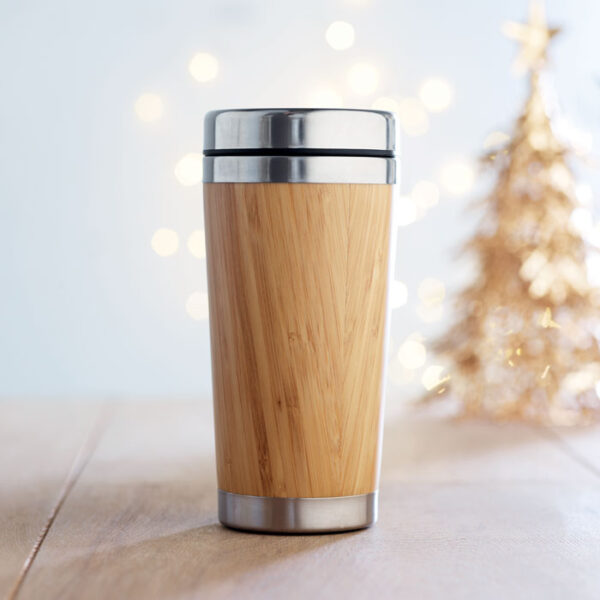 Vaso térmico de bambú RODEODRIVE+ con cuerpo de acero y tapa antifugas