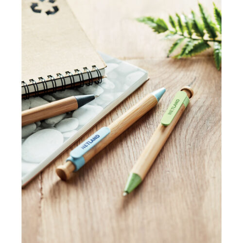 Bolígrafo de bambú con paja de trigo y clip beige, ideal para regalos ecológicos