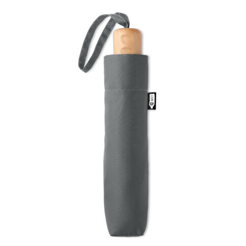 Paraguas plegable ecológico Tralee personalizado con logo, 8 paneles, mango ergonómico y funda plateada.