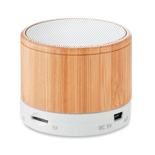 Bocina Bluetooth de bambú ROUND BAMBOO con base blanca y diseño compacto