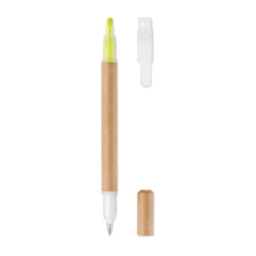 Bolígrafo ecológico DUO PAPER con cuerpo de cartón reciclable, punta azul y subrayador amarillo, ideal para eventos sostenibles y escolares