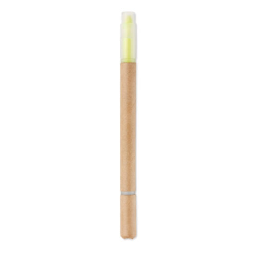 Bolígrafo ecológico DUO PAPER con cuerpo de cartón reciclable, punta azul y subrayador amarillo, ideal para eventos sostenibles y escolares