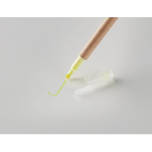Bolígrafo ecológico DUO PAPER con cuerpo de cartón reciclable, punta azul y subrayador amarillo, ideal para eventos sostenibles y escolares