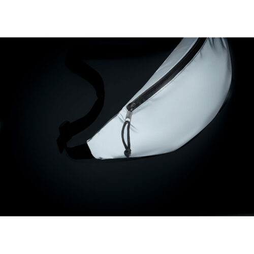 Bolso canguro reflectante Visiwaist con cremallera negra y correa ajustable, ideal para eventos nocturnos y campañas de seguridad vial