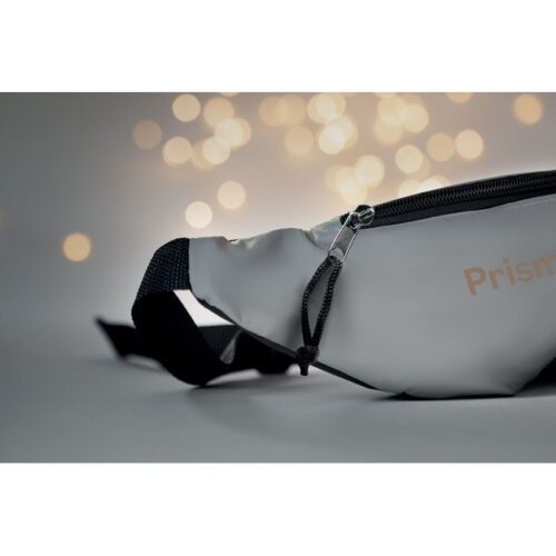 Bolso canguro reflectante Visiwaist con cremallera negra y correa ajustable, ideal para eventos nocturnos y campañas de seguridad vial