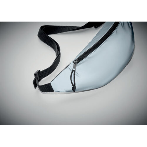 Bolso canguro reflectante Visiwaist con cremallera negra y correa ajustable, ideal para eventos nocturnos y campañas de seguridad vial