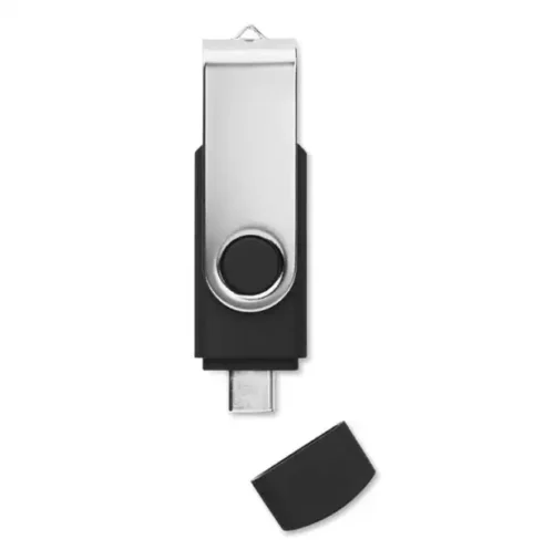 USB doble conector tipo C promocional Twister con cuerpo de goma y clip giratorio