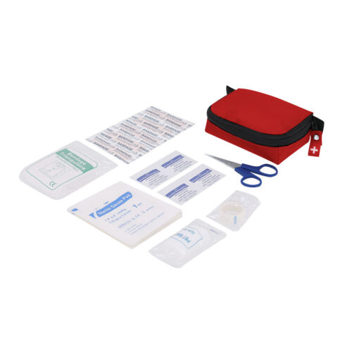 Botiquín promocional de primeros auxilios compacto con estuche rojo