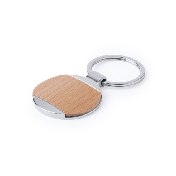 Llavero redondo de madera y metal brillante con diseño elegante, ideal para personalización con logotipo grabado