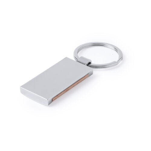 Llavero redondo de madera y metal brillante con diseño elegante, ideal para personalización con logotipo grabado