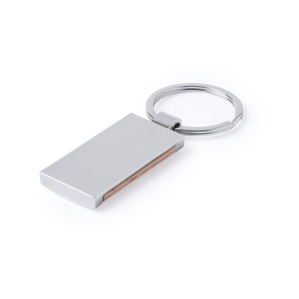 Llavero redondo de madera y metal brillante con diseño elegante, ideal para personalización con logotipo grabado