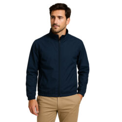 Jacket de poliéster azul navy para hombre con cremallera y cuello clásico, ideal para personalización corporativa