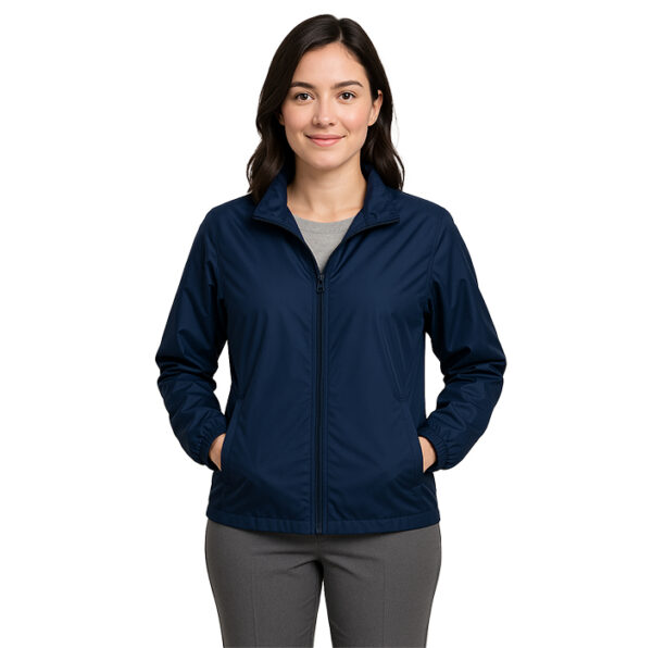 Jacket gris entallada para mujer con cremallera frontal y cuello alto, perfecta para personalización corporativa