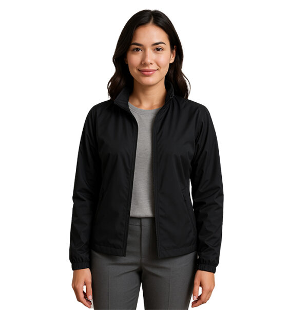 Jacket gris entallada para mujer con cremallera frontal y cuello alto, perfecta para personalización corporativa