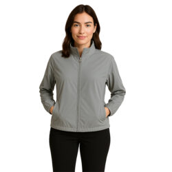 Jacket gris entallada para mujer con cremallera frontal y cuello alto, perfecta para personalización corporativa