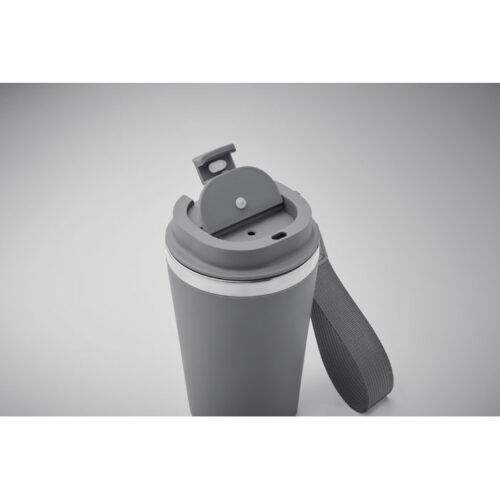 Vaso térmico TOPAZ de 350 ml con tapa segura, correa de RPET y acabado ecológico, ideal como regalo corporativo sostenible.