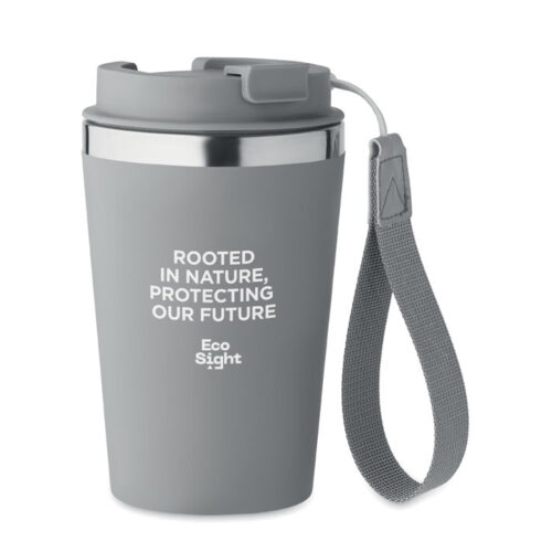 Vaso térmico TOPAZ de 350 ml con tapa segura, correa de RPET y acabado ecológico, ideal como regalo corporativo sostenible.