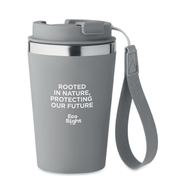 Vaso térmico TOPAZ de 350 ml con tapa segura, correa de RPET y acabado ecológico, ideal como regalo corporativo sostenible.