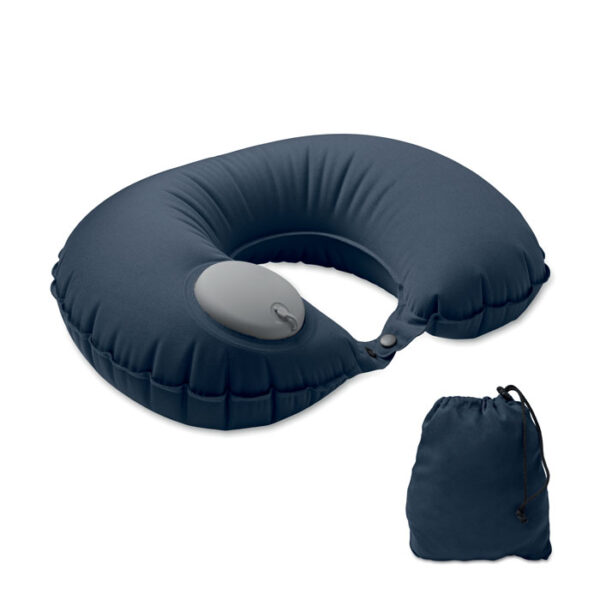 Almohada de viaje inflable ecológica HEDDOW con inflador integrado, hecha con PET reciclado y broche de sujeción frontal.