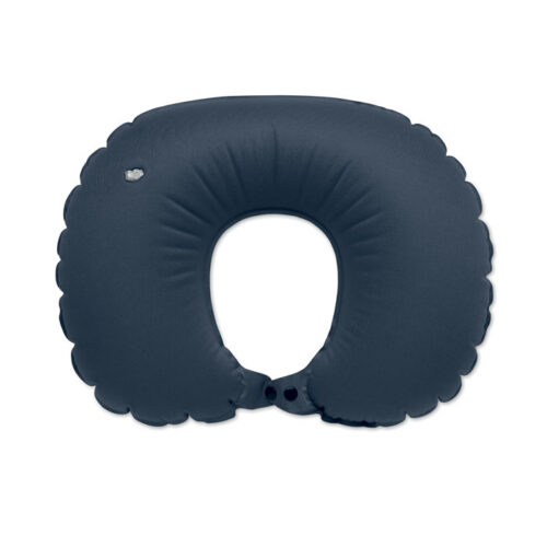 Almohada de viaje inflable ecológica HEDDOW con inflador integrado, hecha con PET reciclado y broche de sujeción frontal.