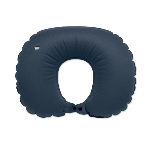 Almohada de viaje inflable ecológica HEDDOW con inflador integrado, hecha con PET reciclado y broche de sujeción frontal.