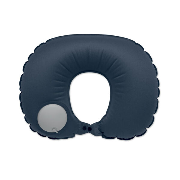 Almohada de viaje inflable ecológica HEDDOW con inflador integrado, hecha con PET reciclado y broche de sujeción frontal.