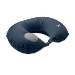 Almohada de viaje inflable ecológica HEDDOW con inflador integrado, hecha con PET reciclado y broche de sujeción frontal.